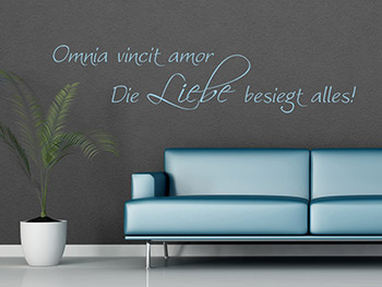 Wandtattoo-Spruch Omnia vincit amor in Lichtblau im Wohnbereich