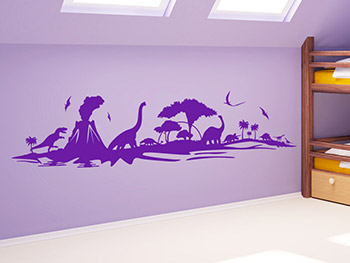 Violettes Wandtattoo Dinos mit Urzeit-Landschaft