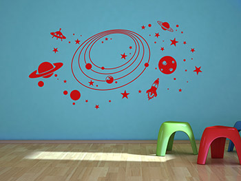 Wandtattoo Weltraum Planeten in rot auf blauer Wand