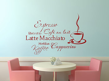 Wandtattoo Wortwolke Kaffee in dunkelrot auf blauer Wand