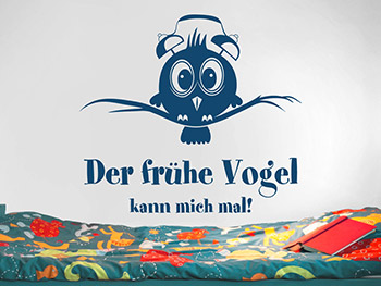 Lustiges Wandtattoo: Der frhe Vogel mit Wecker im Kinderzimmer