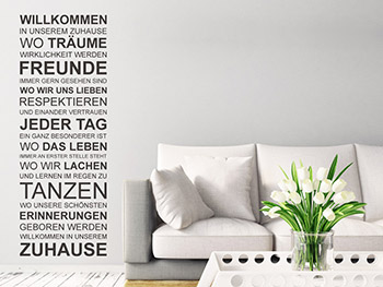 Wanddekoration Willkommen in unserem Zuhause als moderner Spruch an der Wand