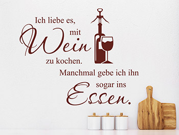 Wandtattoo Ich liebe es mit Wein zu kochen... Spruch in roter Farbe